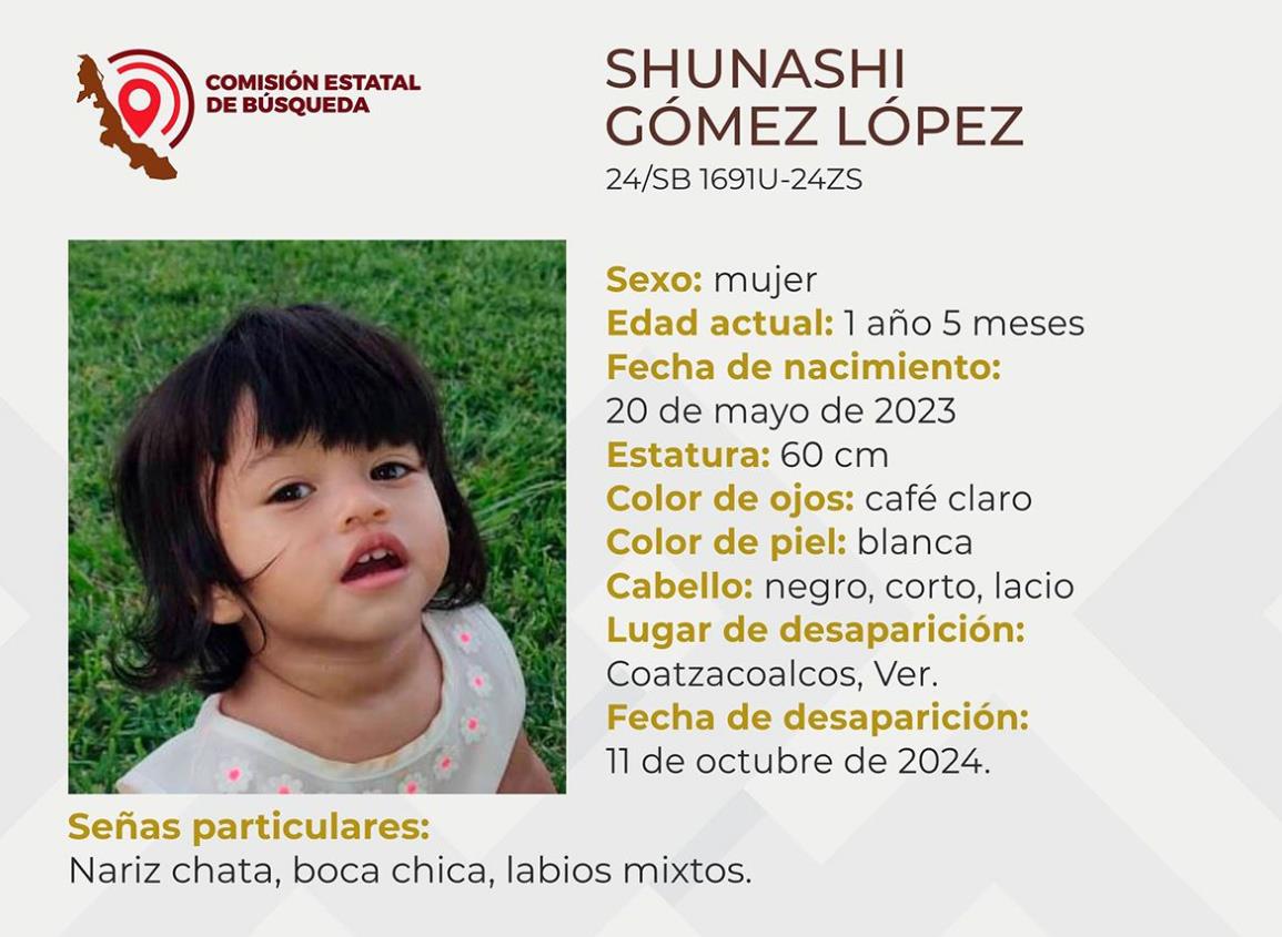 Emiten ficha de búsqueda por Shunashi Gómez, pequeña de 1 año desaparecida en Coatzacoalcos