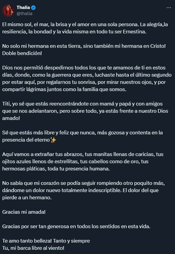 Gracias mi amada; Thalía se despide de su hermana, Ernestina Sodi