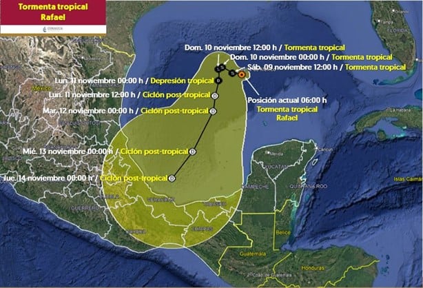 Tormenta tropical Rafael continúa debilitándose en el Golfo de México