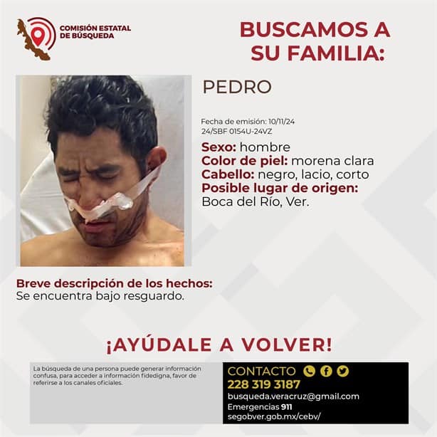 Se busca a la familia de Pedro, quien está internado en el Hospital de Boca del Río