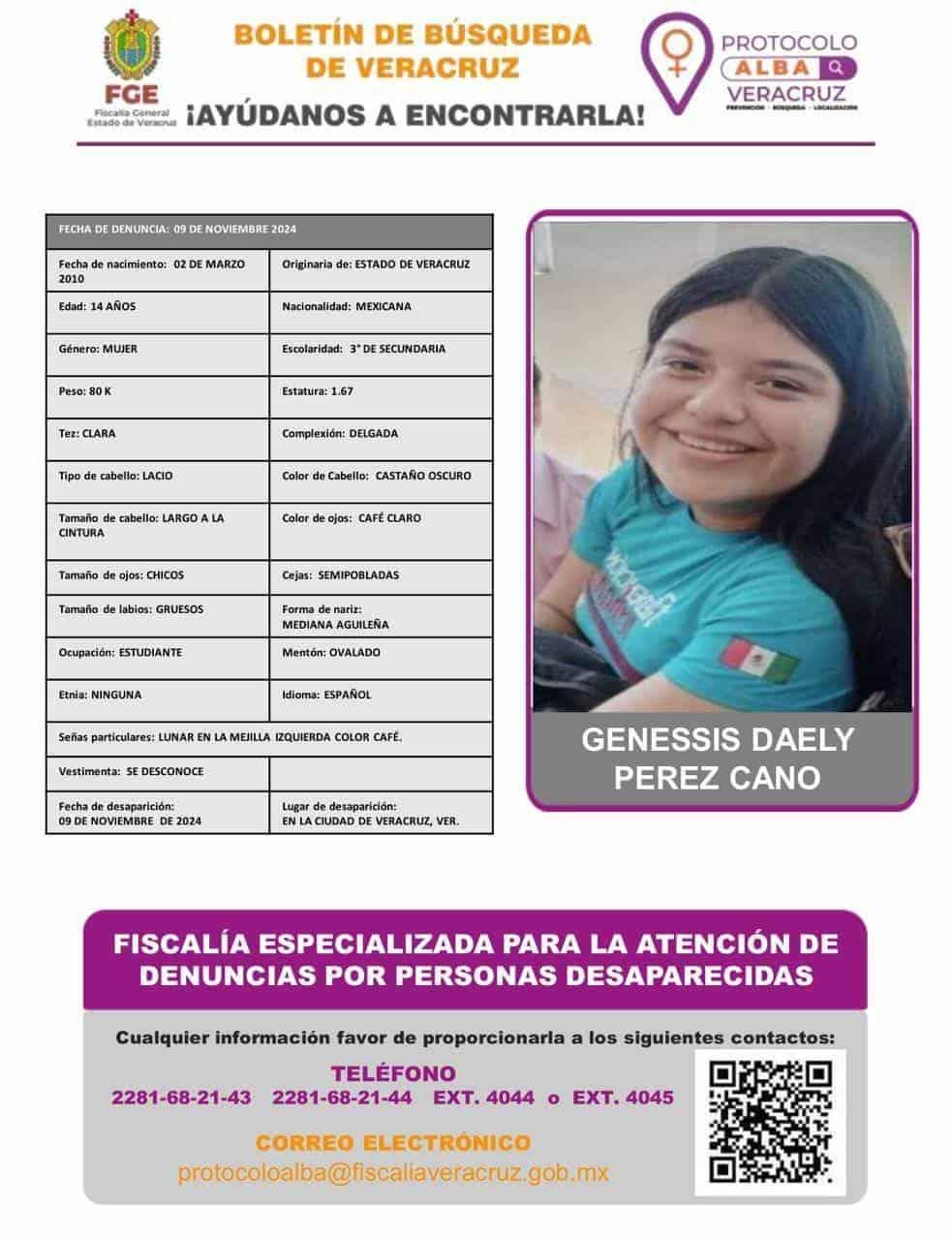 Piden ayuda para encontrar a Genessis Daely Pérez Cano desaparecida en Veracruz