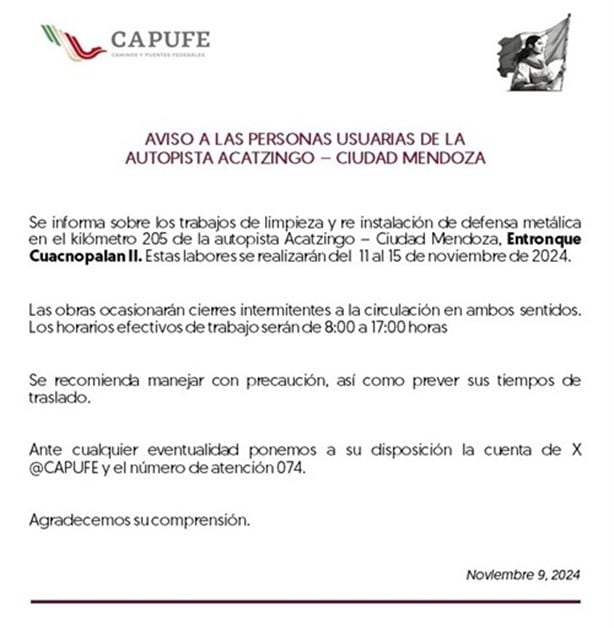 Capufe alerta sobre cierres temporales en la autopista Veracruz – Puebla durante 5 días