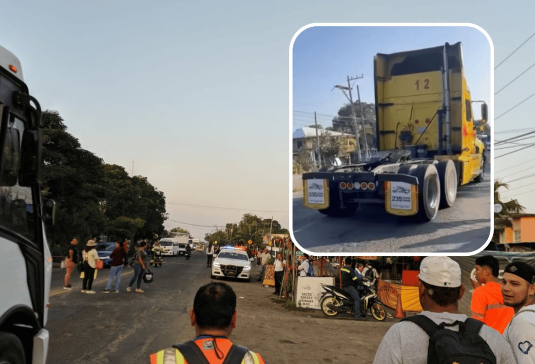 Tráiler derriba cuerda colocada por manifestantes en bloqueo de la carretera Veracruz - Xalapa | VIDEO