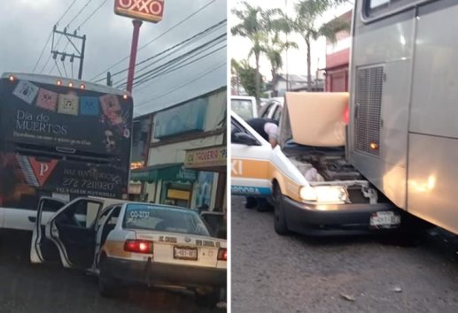 ¡Perdió el control! taxi se estrella contra un autobús en Amatlán