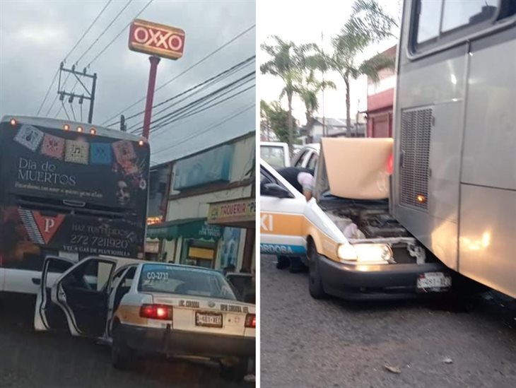 ¡Perdió el control! taxi se estrella contra un autobús en Amatlán