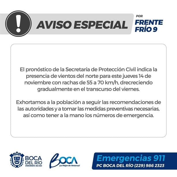 Boca del Río emite aviso especial por Frente Frío 9