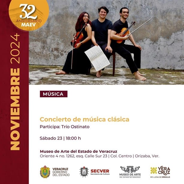 Concierto del Trío Ostinato engalanará el aniversario del MAEV en Orizaba