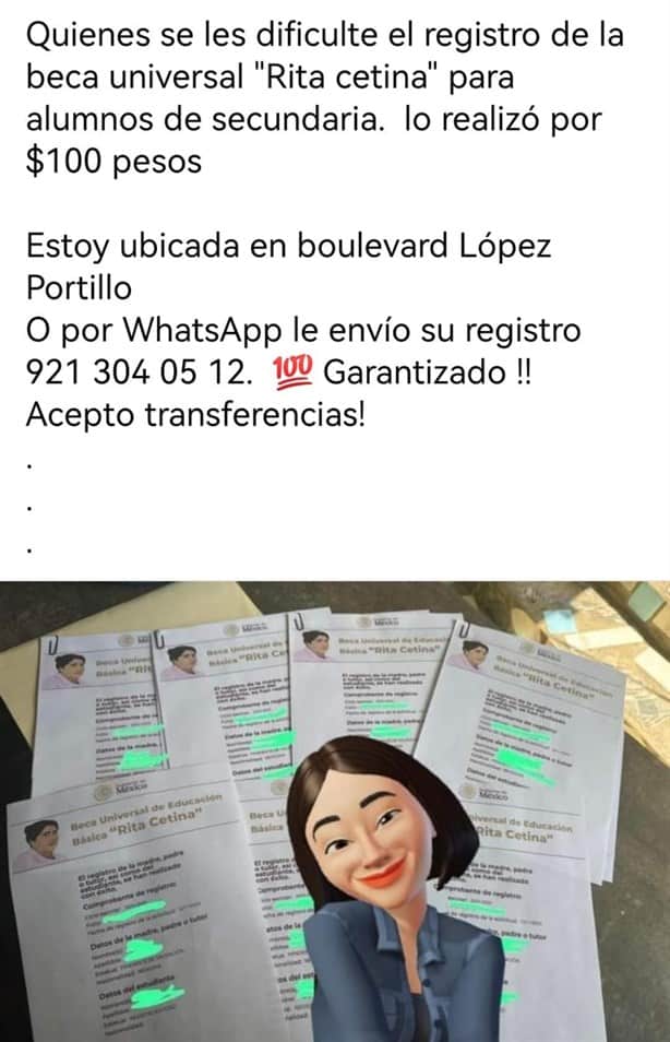 Personas en Nanchital cobran para inscribir a jóvenes beca Rita Cetina