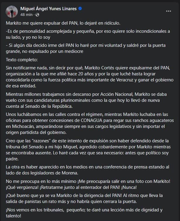 Miguel Ángel Yunes Linares se lanza contra Marko Cortés tras expulsión del PAN