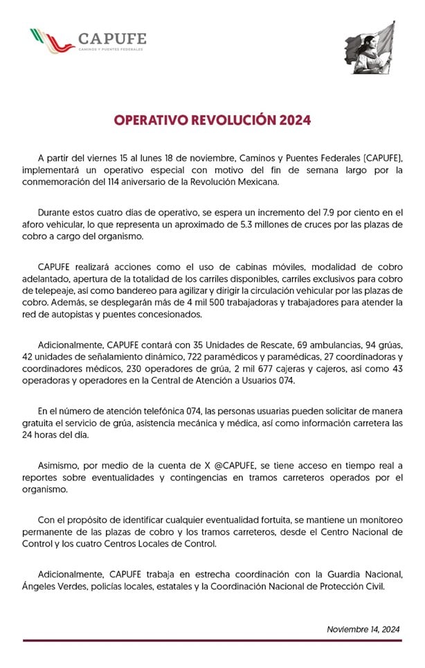 Capufe arranca Operativo Revolución 2024 en carreteras de Veracruz por fin de semana largo