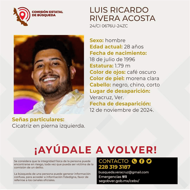 Buscan a Luis Ricardo Rivera Acosta desaparecido en Veracruz desde el 12 de noviembre