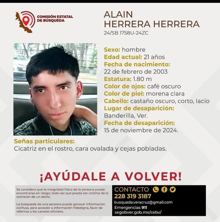 Piden ayuda para encontrar a Alain Herrera desaparecido en Banderilla