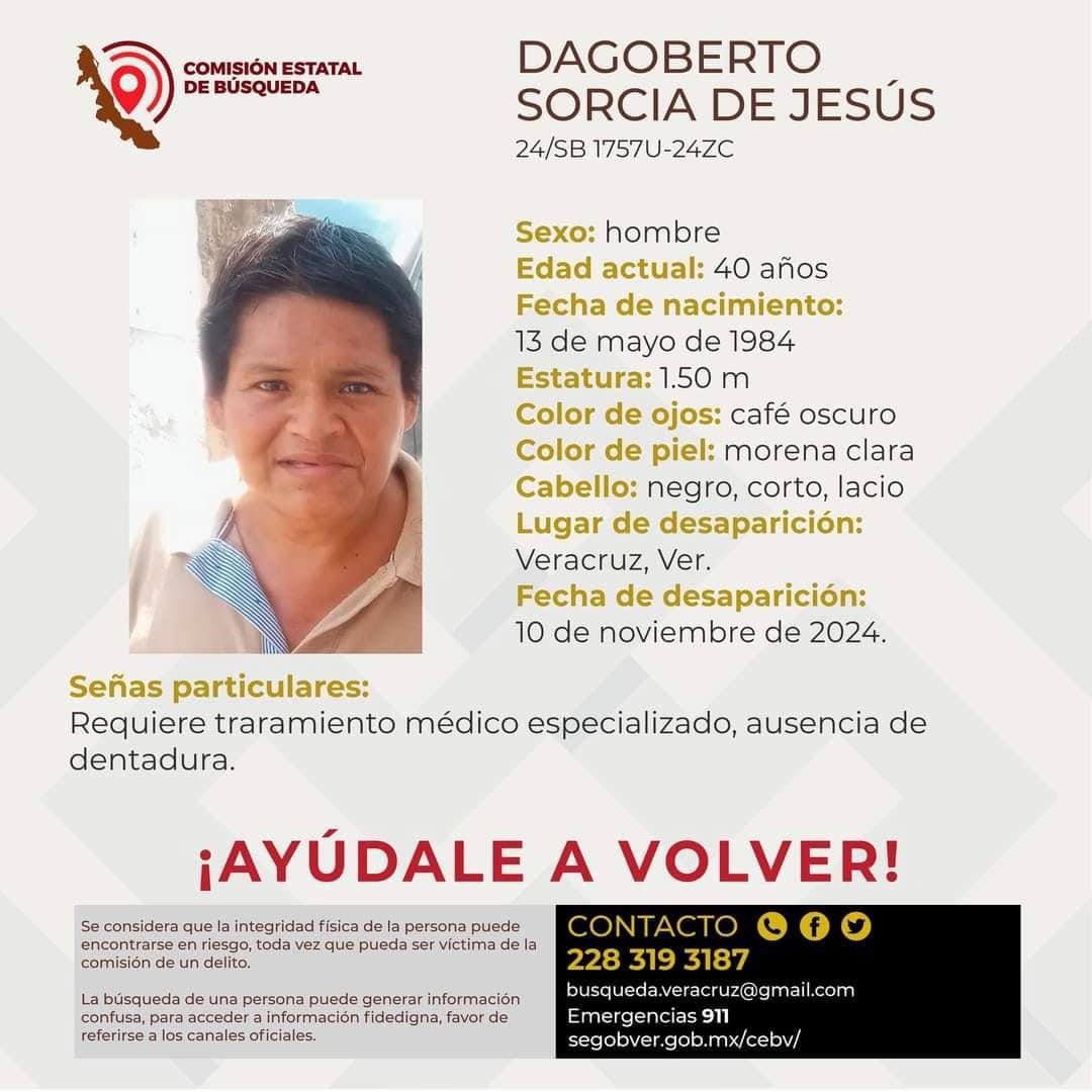 Piden ayuda para encontrar a Dagoberto Sorcia de Jesús desaparecido en la ciudad de Veracruz