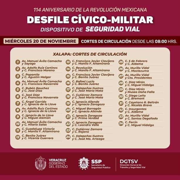 Estos serán los cortes viales en Xalapa por el desfile del 20 de Noviembre