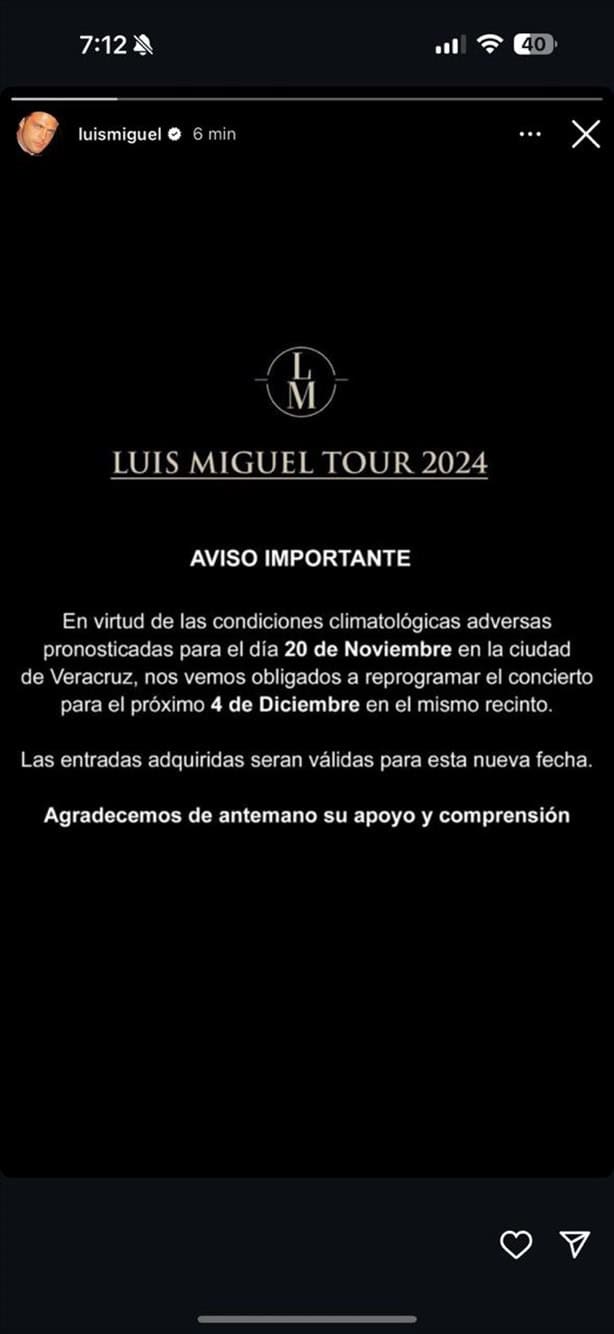 Reprograman concierto de Luis Miguel en Veracruz por evento de norte