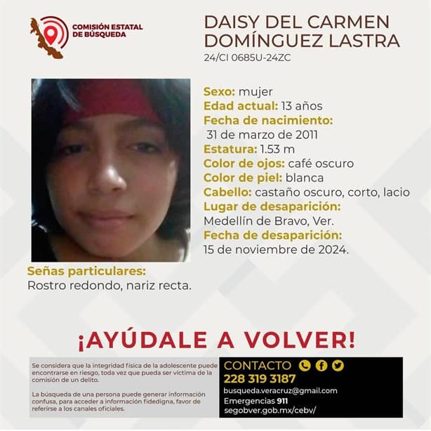 Desaparece Daisy del Carmen Domínguez en Medellín de solo 13 años de edad