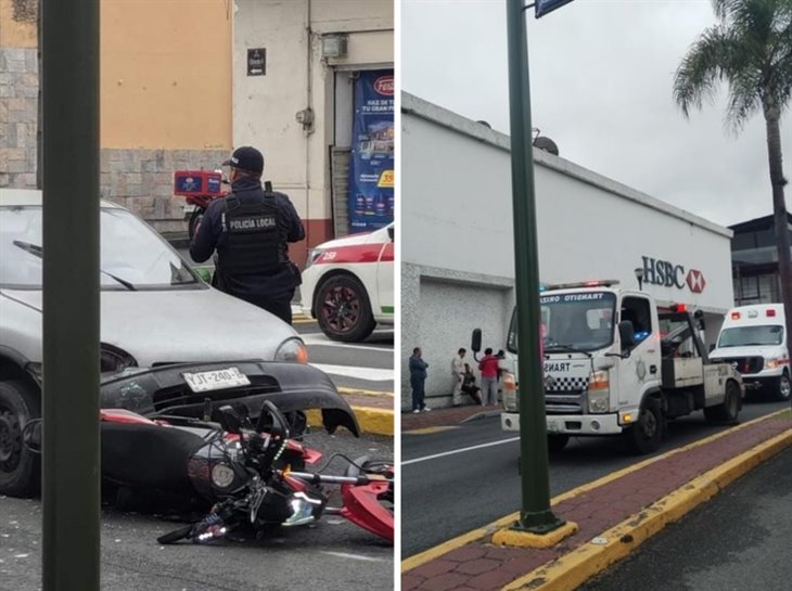 Se registra choque entre moto y auto en Orizaba; hay dos lesionados