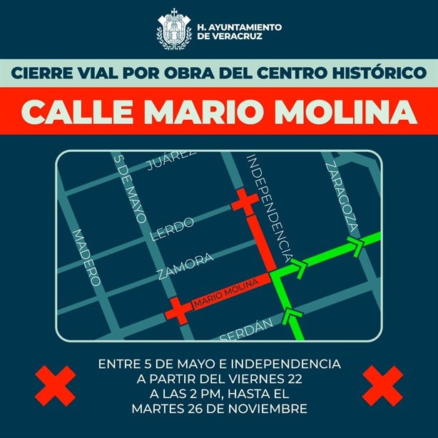 Habrá cierres viales en calles del centro de Veracruz este viernes 22 de noviembre