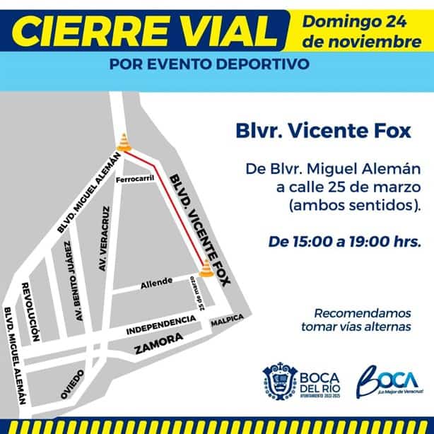 Cerrarán el bulevar Vicente Fox en Boca del Río este domingo 24 de noviembre