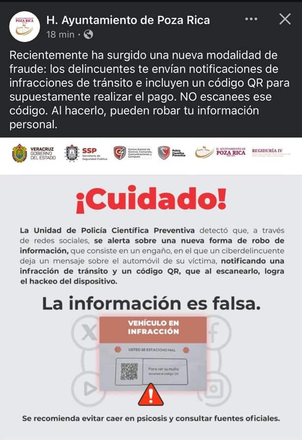 ¡Cuidado! Alertan en Poza Rica sobre nueva modalidad de fraude mediante infracciones