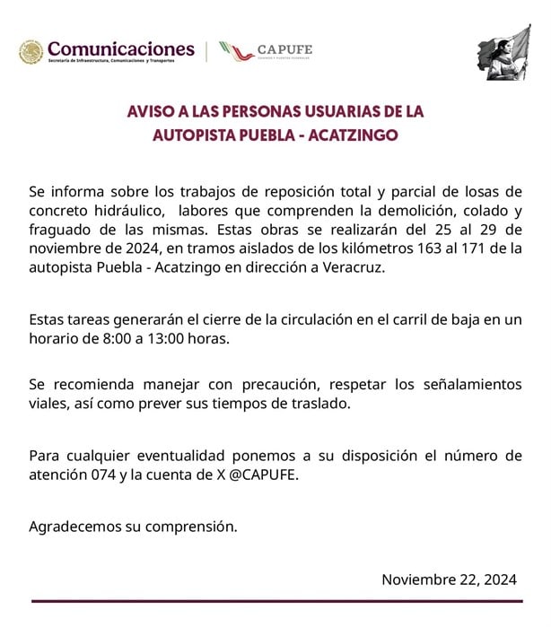 Habrá cierre a la circulación en la autopista Puebla - Acatzingo en dirección a Veracruz por obras