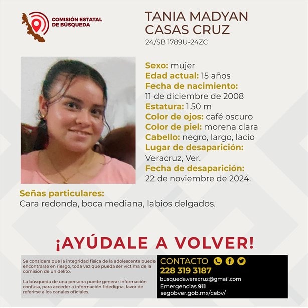 Tania de 15 años cumple 3 días desaparecida en la ciudad de Veracruz; piden ayuda para localizarla