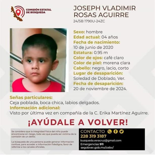 Buscan al niño Joseph Vladimir en Soledad de Doblado, tiene 5 días desaparecido