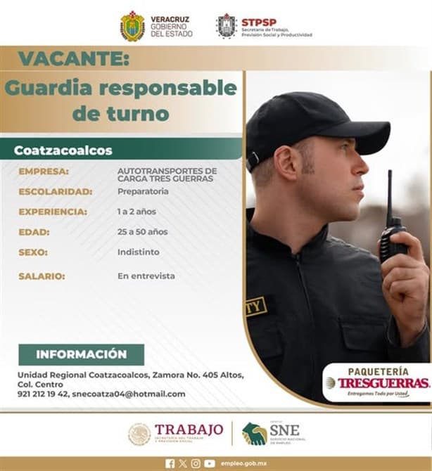 Paquetería Tres Guerras ofrece vacante en Coatzacoalcos | Requisitos