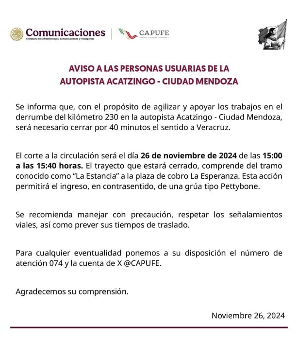 ¡Toma tus precauciones! Cierran parcialmente la autopista Acatzingo-Ciudad Mendoza