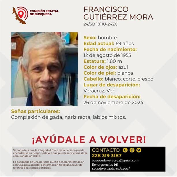 Desaparece abuelito de 69 años en Veracruz; piden apoyo para localizarlo