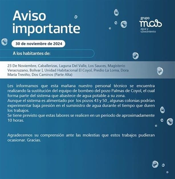 10 colonias de Veracruz no tendrán agua potable este 30 de noviembre, informa Grupo MAS