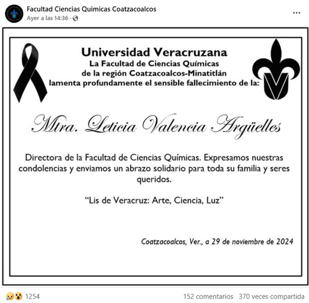 Consterna a estudiantes de la UV Coatzacoalcos fallecimiento de su directora de Ciencias Químicas