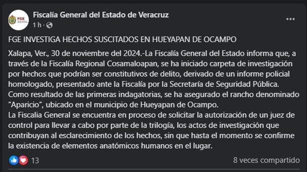 Confirma FGE Veracruz operativo en rancho de Hueyapan; ¿había restos humanos?