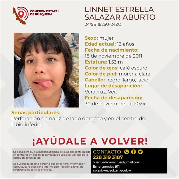 Desaparece en Veracruz la adolescente Linnet Estrella Salazar Aburto de solo 13 años