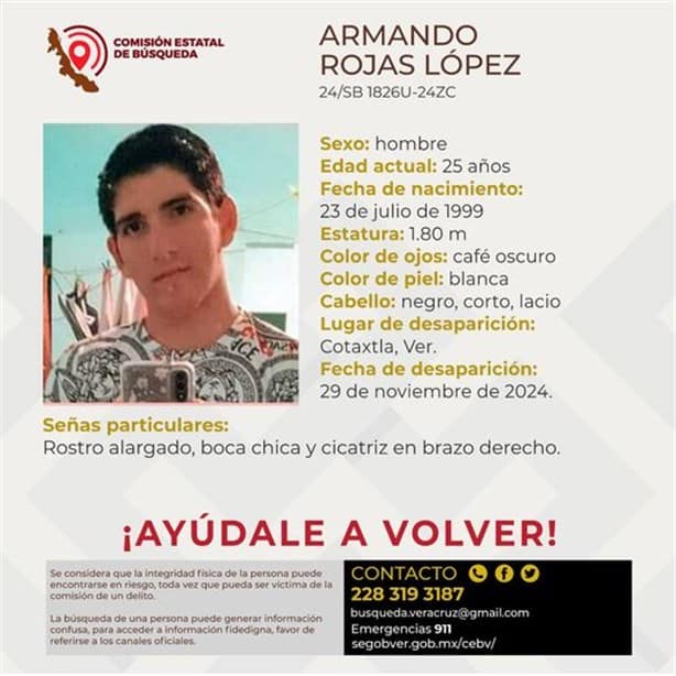 Desaparece el joven Armando Rojas López en la ciudad de Cotaxtla, Veracruz