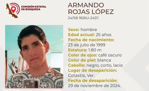 Desaparece el joven Armando Rojas López en la ciudad de Cotaxtla, Veracruz