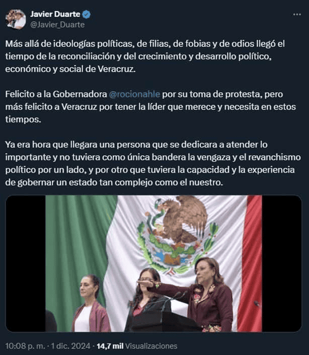 Este es el mensaje de Javier Duarte para Rocío Nahle como nueva gobernadora de Veracruz