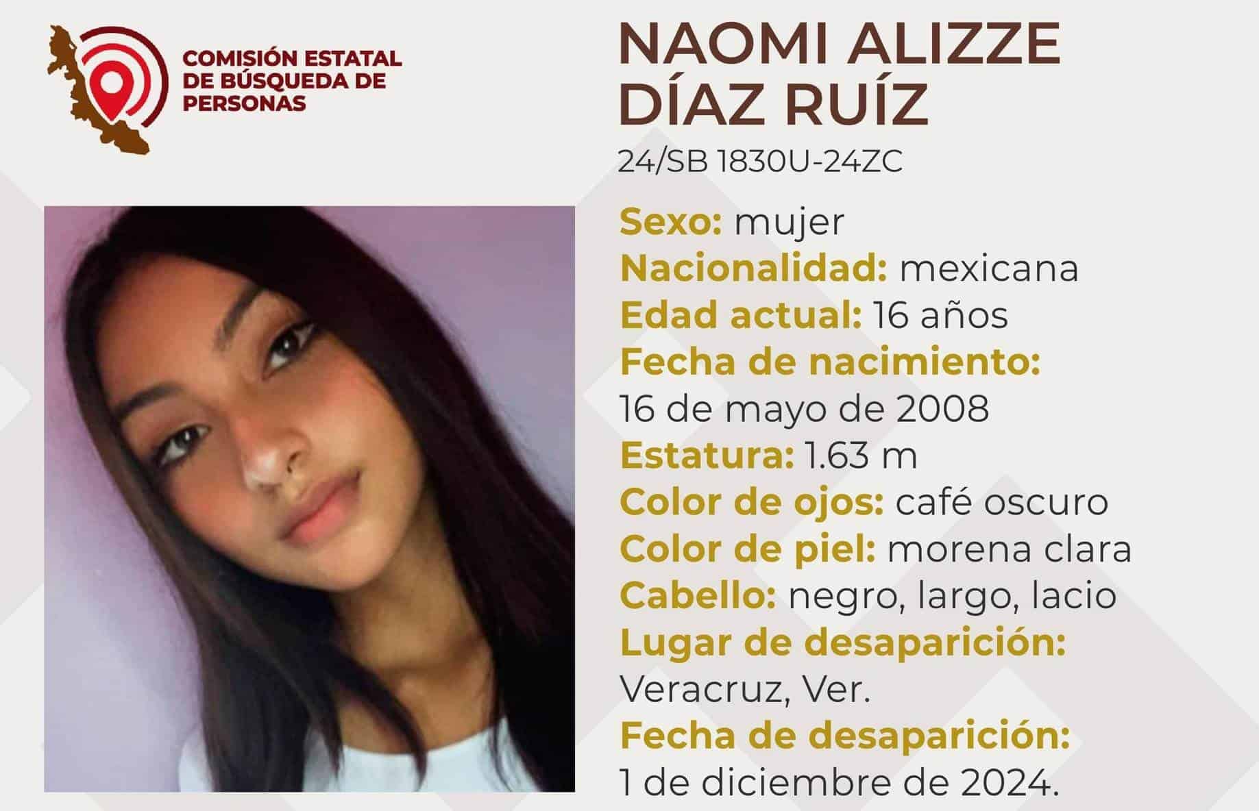 Desaparece Naomi Alizze Díaz Ruiz de 16 años de edad en el puerto de Veracruz