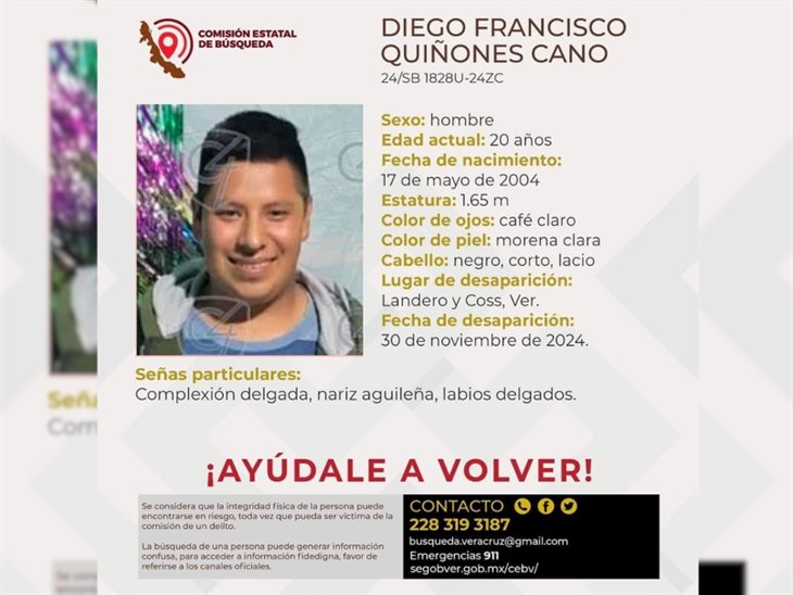 ¿Lo has visto?: Diego, de 20 años, está desaparecido en el municipio de Landero y Coss