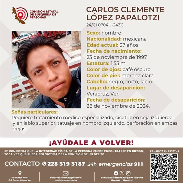 Carlos Clemente López Papalotzi tiene 6 días desaparecido en Veracruz