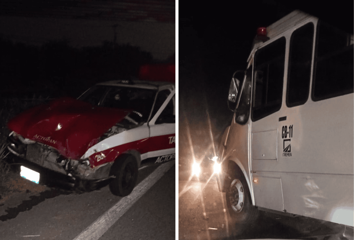 Fuerte choque entre autobús y taxi en Santa Fe, Veracruz