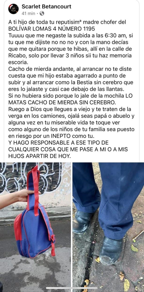 Usuaria denuncia que chofer de camión urbano casi atropella a niño en Veracruz