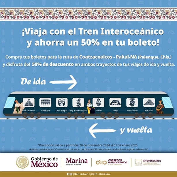 Tren Interoceánico ofrece boletos a mitad de precio para viajar entre Veracruz y Chiapas