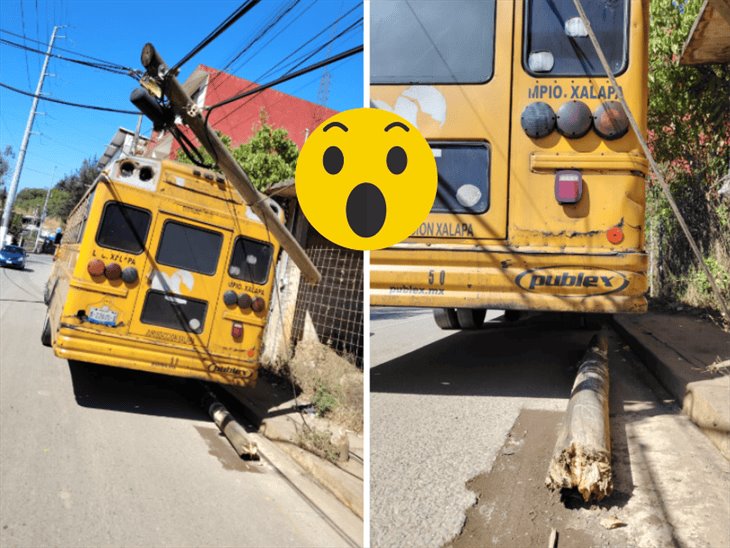 Cae poste de Telmex sobre autobús en Xalapa; ya lo habían reportado 