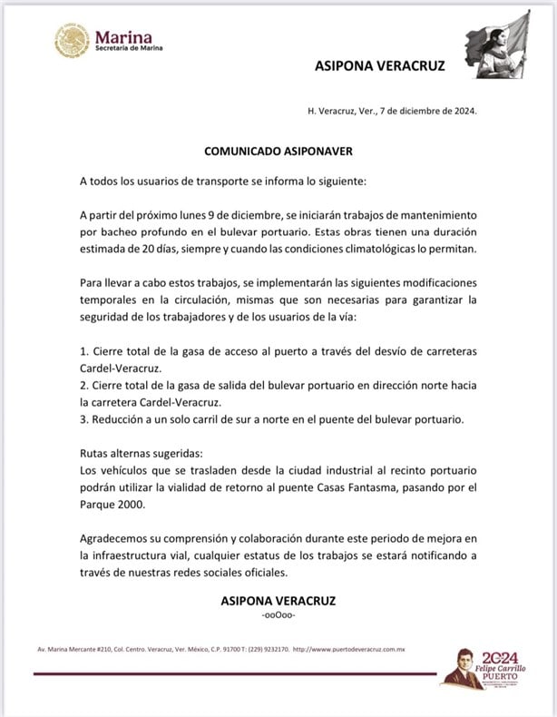 Asipona Veracruz anuncia cierres en el bulevar portuario este lunes 18 de diciembre