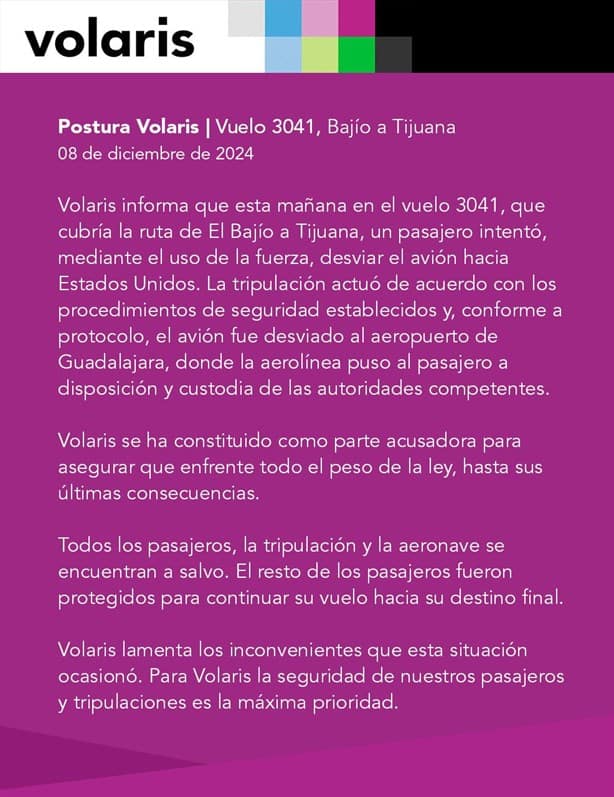 Detienen a pasajero que intentó desviar avión de Volaris; aterrizan de emergencia en Guadalajara