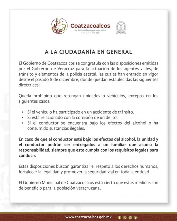 En Coatzacoalcos, por estos motivos un agente de tránsito puede retener tu vehículo