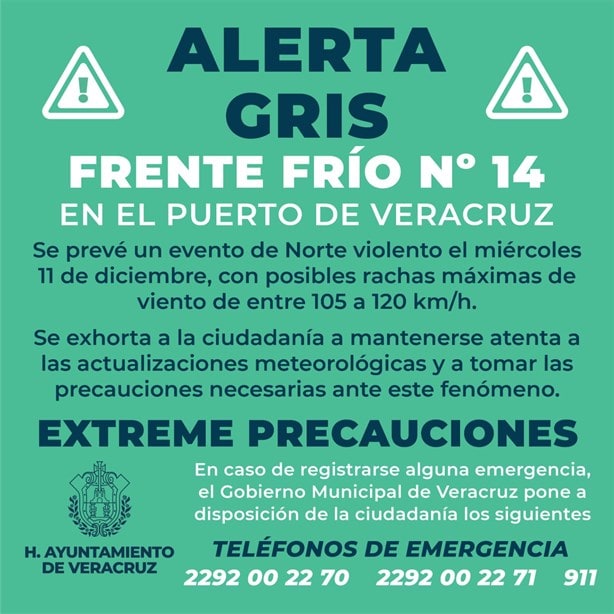 Emiten Alerta Gris por ingreso de Frente Frío 14 que dejará norte violento para Veracruz