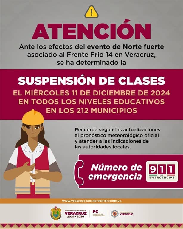 ¡Atención! Suspenden clases este 11 de diciembre en todo Veracruz por Frente Frío