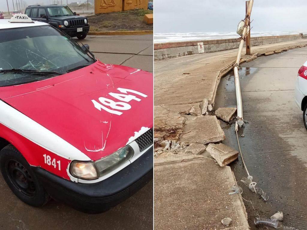 Fuertes vientos derrumban poste y cae sobre taxi en Malecón de Coatzacoalcos